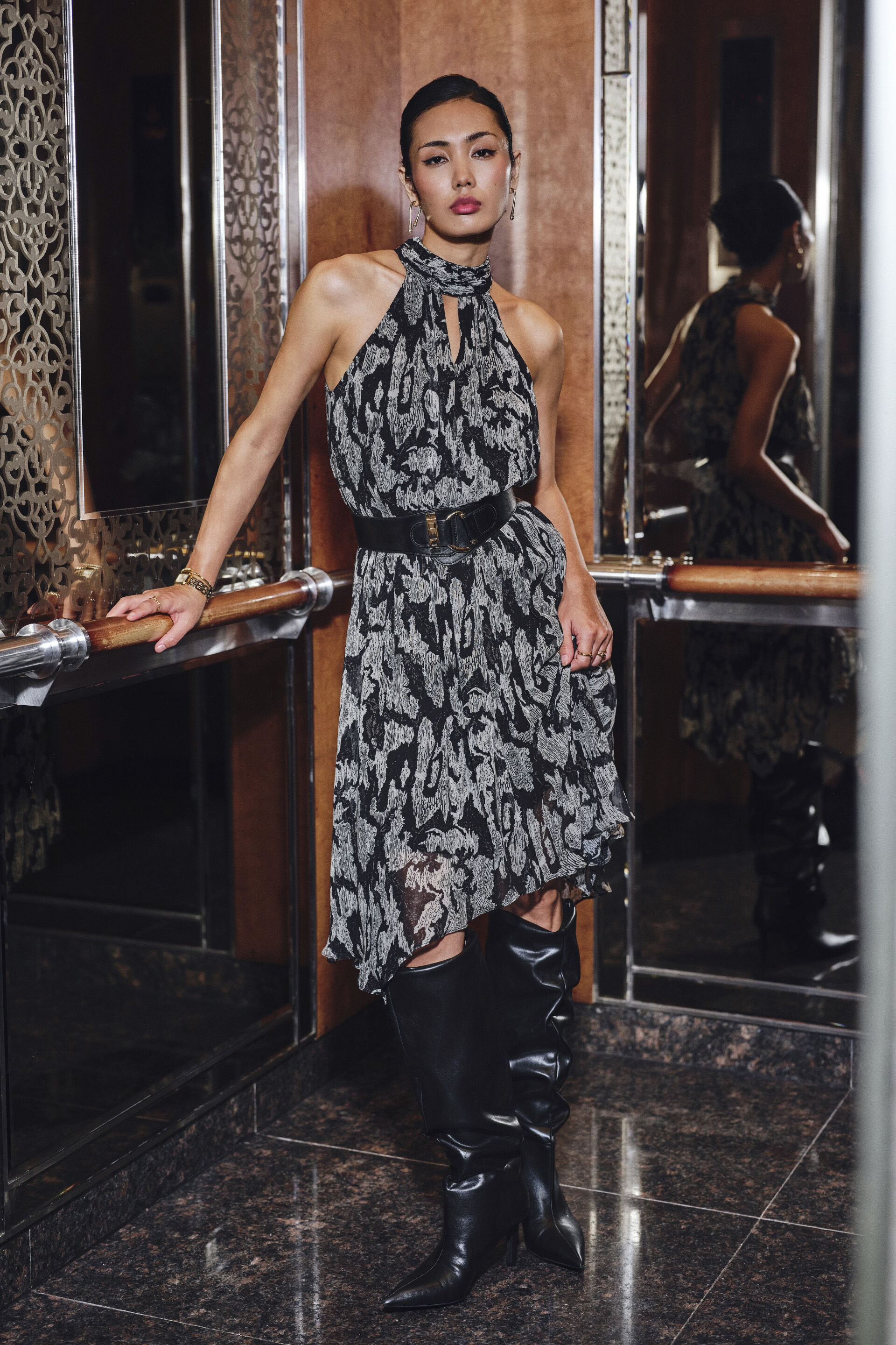 Floral Print Halter Neck Dress in Black, Black, image 4
